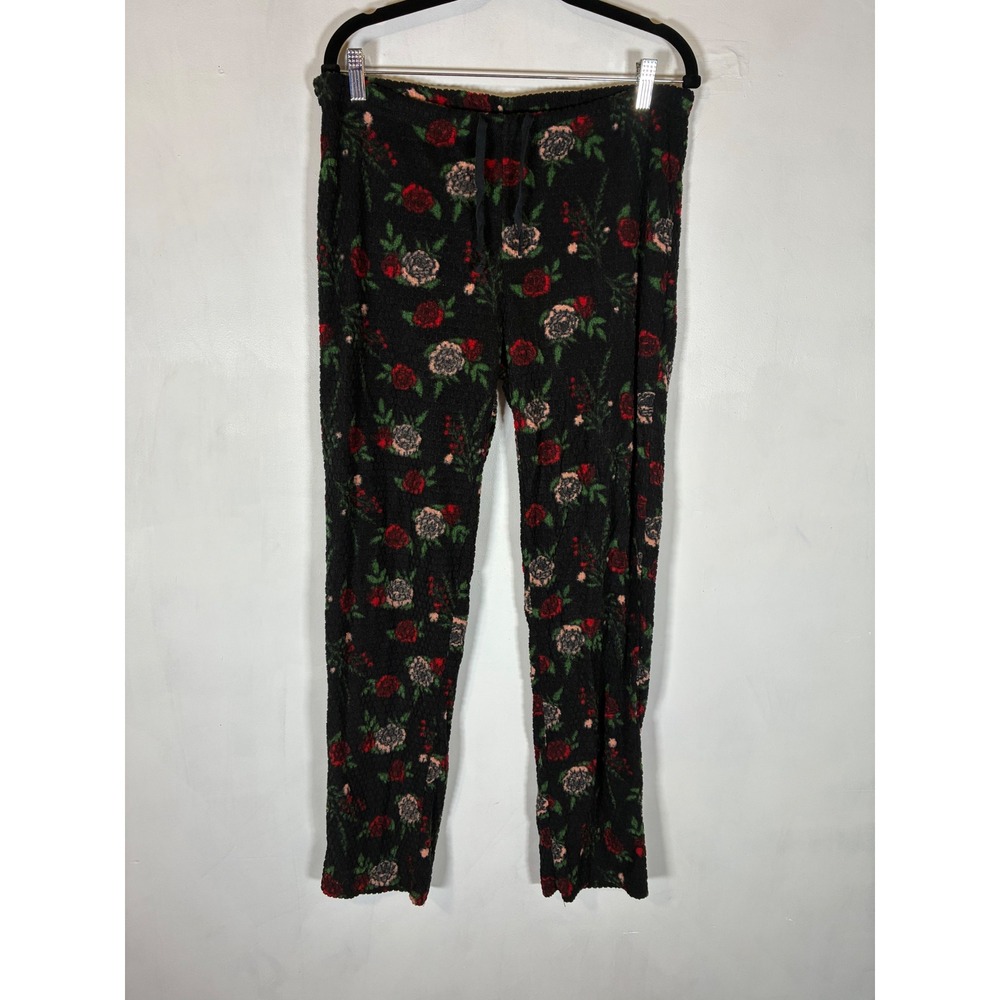 Serra Medium Black Floral Rose Plush Pajama Pants Cozy Lounge Sleepwear